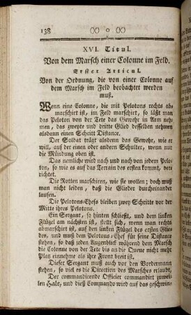 XVI. Titul. Von dem Marsch einer Colonne im Feld.