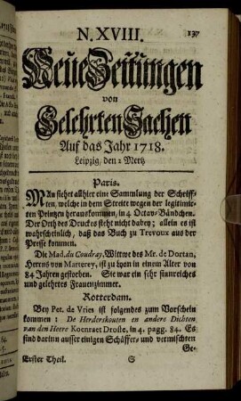 N. XVIII. Leipzig, den 2 Mertz - N. XXVI. Leipzig, den 30 Mertz