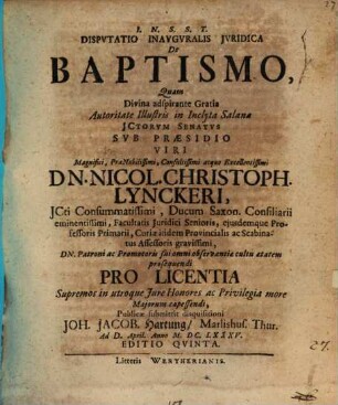Disputatio Inauguralis Iuridica De Baptismo