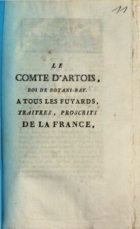 Le Comte D'Artois. Roi De Botani-Bay. A Tous Les Fuyards, Traitres, Proscrits De La France