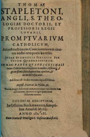 Promptuarium catholicum super evangelia ferialia per totam quadragesimam