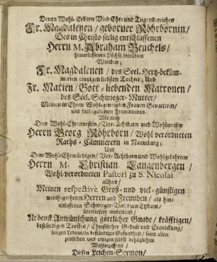 Denen [...] Fr. Magdalenen/ geborner Röhrbornin/ Des Herrn M. Abraham Beuchels/ [...] Wittben; [...]