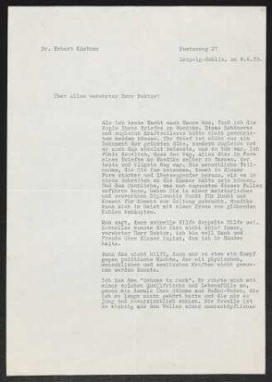 Brief von Erhart Kästner an Gerhart Hauptmann
