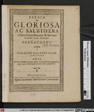 Elegia De Gloriosa Ac Salutifera resurrectione Domini & Servatoris nostri Jesu Christi Theanthpōpu