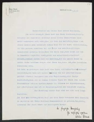 Brief von Claire Marck an Gerhart Hauptmann