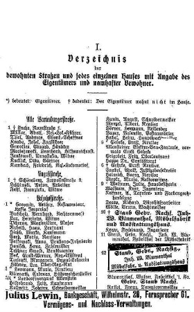 I. Verzeichnis der bewohnten Straßen und jedes einzelnen Hauses mit Angabe des Eigentümers und namhafter Bewohner.