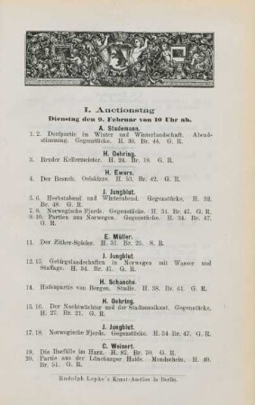 I. Auctionstag Dienstag, den 9. Februar von 10 Uhr ab