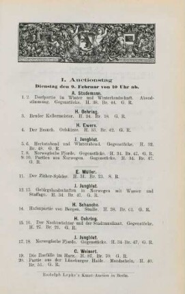 I. Auctionstag Dienstag, den 9. Februar von 10 Uhr ab