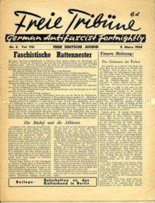 Mitteilungsblatt der Jugendorganisation der deutschen Emigranten in Großbritannien "Freie Tribüne" u.a. zur kulturellen Erneuerung in Deutschland