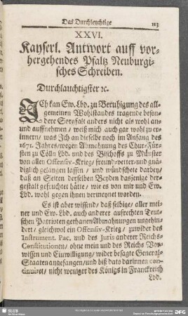 XXVI. Kayserl. Antwort auff vorhergehendes Pfaltz Neuburgisches Schreiben