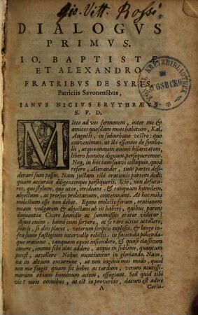 Iani Nicii Erythraei Dialogorum Volumen ..., 1