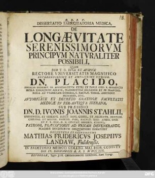 Dissertatio Exercitatoria Medica, De Longæ Vitate Serenissimorvm Principvm Natvraliter Possibili