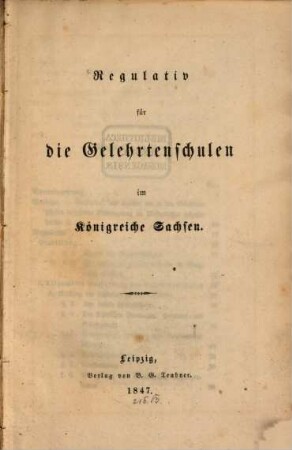 Regulativ für die Gelehrtenschulen im Königreich Sachsen