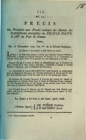Precis Du Protocole aux Proces verbaux des Seances des Representans provisoires du Peuple Souverain du Pays de Namur. Seance. Du 16. Decembre 1792 l'an 1er de la Liberte Belgique.