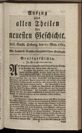 XIX. Nachl. Coburg, den 10. May. 1760.