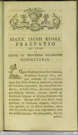 Ioann. Iacobi Reiske Praefatio Ad Suas In Iobum Et Proverbia Salomonis Coniecturas