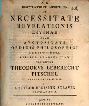 Disp. philos. de necessitate revelationis divinae