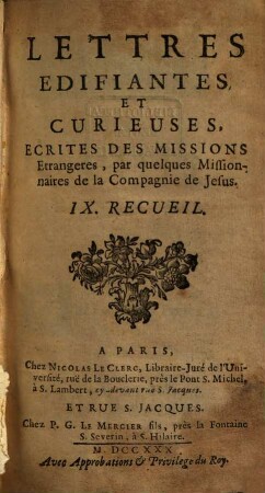 Lettres Édifiantes Et Curieuses : Écrites Des Missions Étrangères. 9