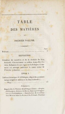Table Des Matières Du Premier Volume (unvollständig)