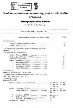 Nr. 40, 7. August 1947, Ordentliche Sitzung