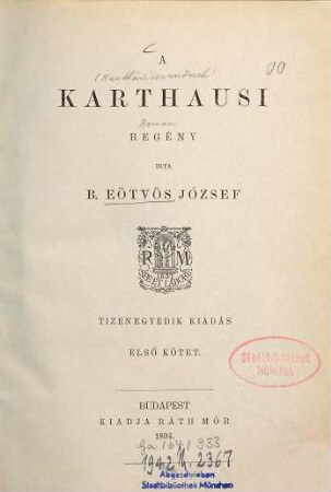 A karthausi : Regény. 11. kiadás, 1