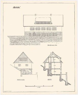 Skihütte Monatskonkurrenz November 1930: Aufriss Talansicht, Seitenansicht, Querschnitt 1:100; Maßstabsleiste