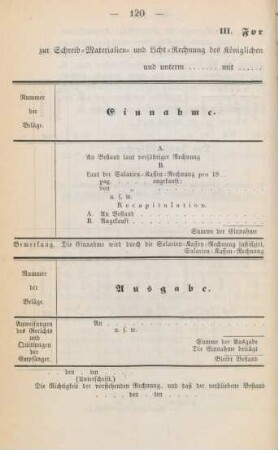 III. Formular zur Schreib-Materialien- und Licht-Rechnung des Königlichen ... Gerichts zu ...