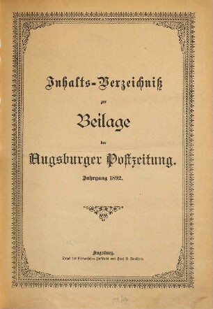 Augsburger Postzeitung. Beilage zur Augsburger Postzeitung, 1892