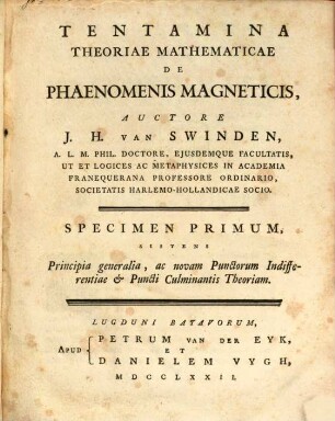 Tentamina Theoriae mathematicae de Phaenomenis Magneticis. 1. (1772)