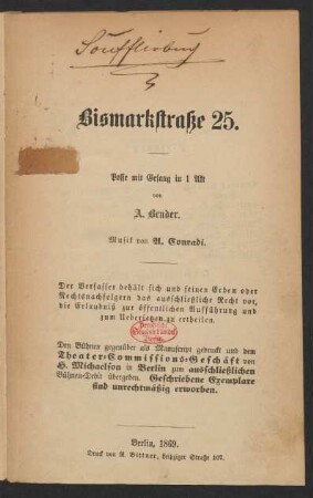 Bismarkstraße 25 : Posse mit Gesang in 1 Akt