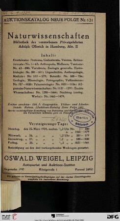 2: Bibliothek des verstorbenen Privatgelehrten Adolph Ollerich in Hamburg: Naturwissenschaften : Versteigerungs-Tage: Dienstag, den 25. März, Mittwoch, den 26. März, Donnerstag, den 27. März, Freitag, den 28. März 1924 (Katalog Nr. 131)