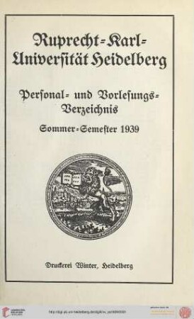 Personal- und Vorlesungsverzeichnis: Personal- und Vorlesungs-Verzeichnis Sommersemester 1939