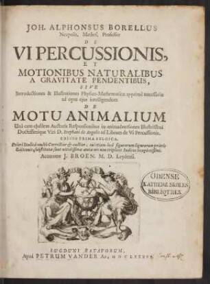 De vi percussionis et motionibus naturalibus a gravitate pendentibus, sive introductiones et illustrationes physico-mathematicae apprimè necessariae ad opus ejus intelligendum de motu animalium : unà cum ejusdem auctoris responsionibus in animadversiones illustrissimi doctissimique viri d. Stephani de Angelis ad librum de vi percussionis