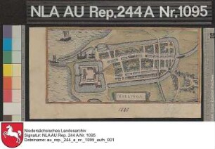Plan von dem Ort HARLINGEN Kolorierte Zeichnung mit Erläuterungen (Latein) von Braun und Hogenberg Papier Format 27,0x13,0 M unbekannt
