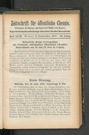 Ordentliche Haupt-Versammlung des Verbandes selbstständiger öffentlicher Chemiker Deutschlands am 19. und 20. Juni in Leipzig.
