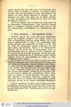 Burg Friedberg. Ritterschaftliche Archive + Deutschordens- und Johanniterarchive + Ablieferungen aus standesherrschaftlichen Archiven