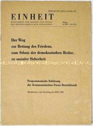Beilage der Monatsschrift "Einheit, Zeitschrift für Theorie und Praxis des wissenschaftlichen Sozialismus" mit einer programmatischen Erklärung der KPD