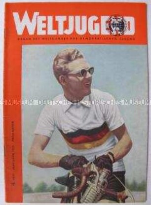 Internationale Jugendzeitschrift "Weltjugend" u.a. mit einem Porträt des Radsportlers "Täve" Schur auf dem Titelblatt