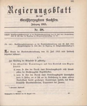 Nr. 140: Ausführungsbestimmungen zu der Bundesratsverordnung vom 22. Juli 1915 über die Regelung der Kriegswohlfahrtspflege