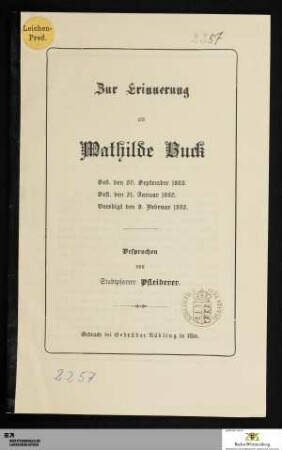 Zur Erinnerung an Mathilde Buck : Geb. den 20. September 1882. Gest. den 31. Januar 1895. Beerdigt den 2. Februar 1895