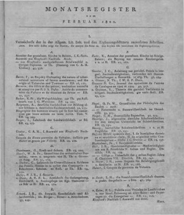 Monatsregister vom Februar 1822