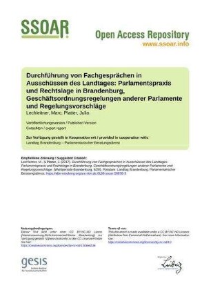 Durchführung von Fachgesprächen in Ausschüssen des Landtages: Parlamentspraxis und Rechtslage in Brandenburg, Geschäftsordnungsregelungen anderer Parlamente und Regelungsvorschläge