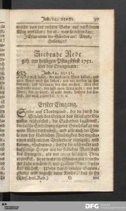 Siebende Rede geh. am heiligen Pfingstfest 1751. über das  Joh. 14, 23-31.