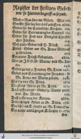 Register der heiligen Gebetten, so hierinn begriffen seynd.