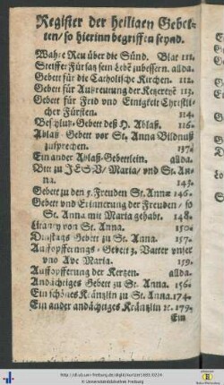 Register der heiligen Gebetten, so hierinn begriffen seynd.