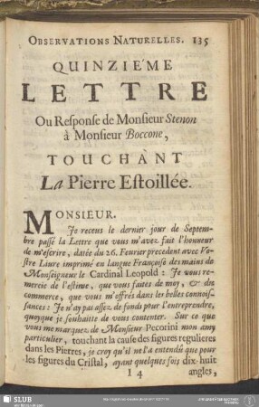 Quinziéme Lettre Ou Response de Monsieur Stenon à Monsieur Boccone, Touchant La Pierre Estoillée