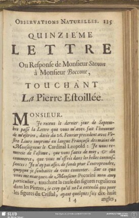 Quinziéme Lettre Ou Response de Monsieur Stenon à Monsieur Boccone, Touchant La Pierre Estoillée