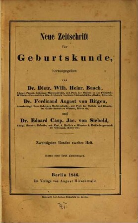 Neue Zeitschrift für Geburtskunde. 20,2, 20,2. 1846