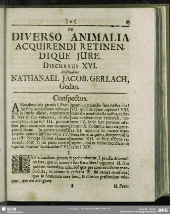 De Diverso Animalia Acquirendi Retinendique Iure, Discursus XVI. Defendens Nathanael Jacob. Gerlach, Gedan.