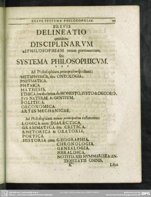 Brevis Delineatio omnium Disciplinarum ad Philosophiam totam pertinentium seu Systema Philosphicum